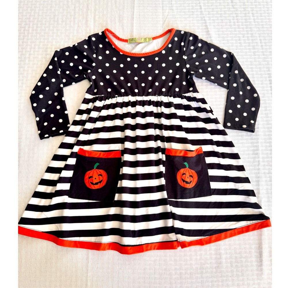 Millie Loves Lily Girls Halloween Pumpkin Dress Polka Dot Stripes Black Orange 5
